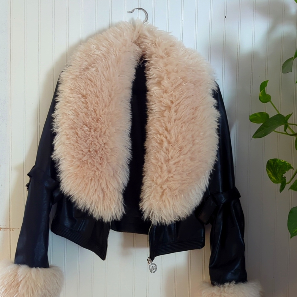 Faux Leather Jacket With Faux Shearling Collar And Sleeves